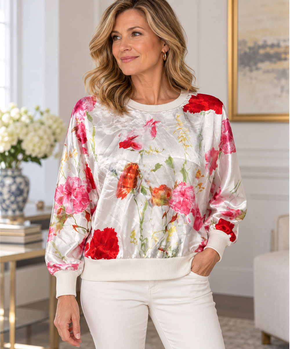 Sioni Womens M Floral Satin Mixed Media Sweatshirt Raglan Sleeve Pullover